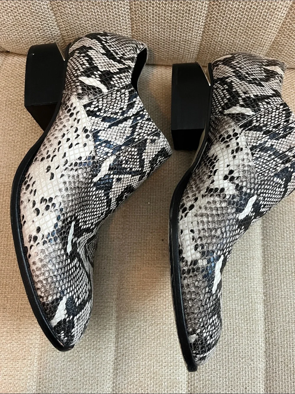 SILENT D x Anthropologie ivtay snake python printed stack heel booties sz 6